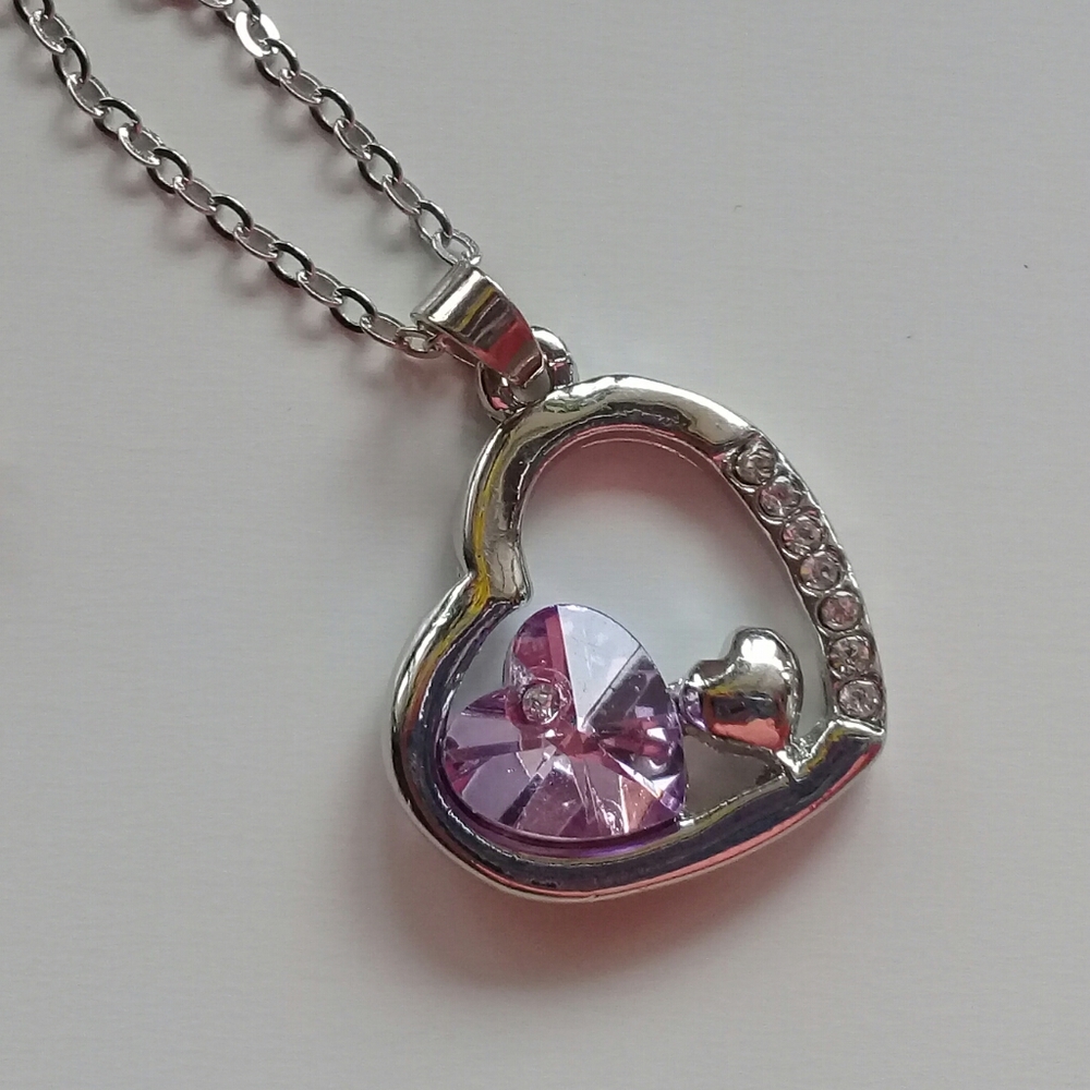 Sterling silver heart with Purple CZ necklace